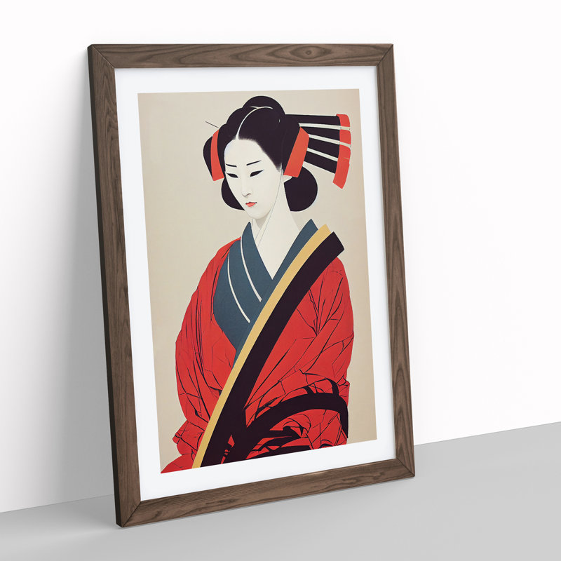 Traditional Geisha No.1 - Wall Art, 48cm H x 36cm W, Walnut Framed, White