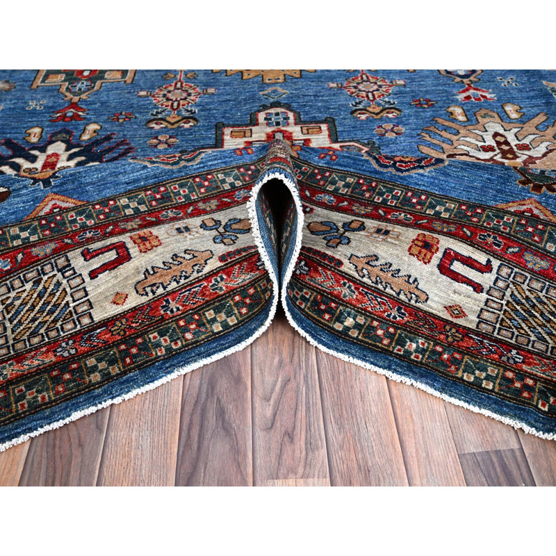 8'2"x10'3" Blue Hand Knotted Wool Super Kazak Geometric Medallions Rug 24BB905E2AD54000B95D962613DC1630