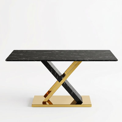 Modern 63" Rectangular Faux Marble Dining Table With Metal X-Base