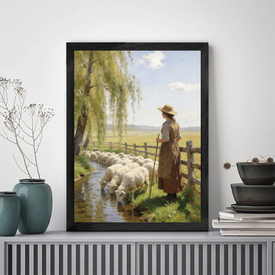 «Black Sheep Vintage Sheep by the ruisseau», reproduction d'art encadrée paysage noir