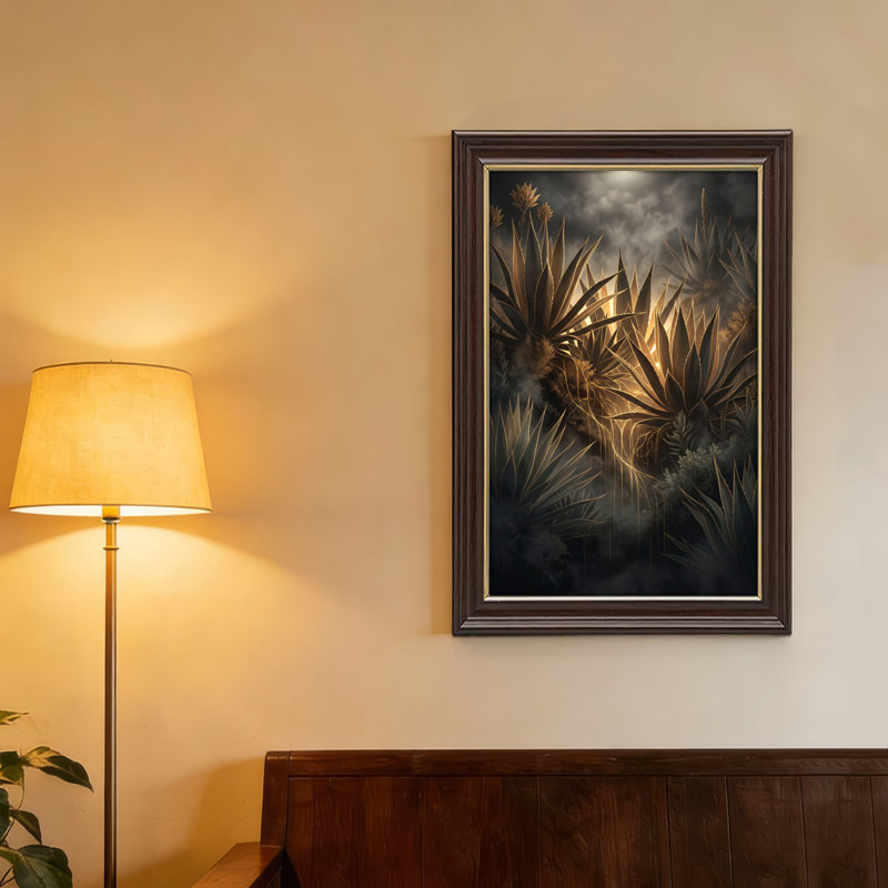 Art mural antique sur toile encadré doré pour le salon, la chambre à coucher, le bureau ou le vestibule - Décoration murale décorative avec plantes du désert