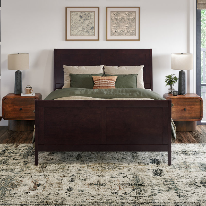 Arite Solid Wood Low Profile Sleigh Platform Bed with Matching Footboard, Espresso, Full