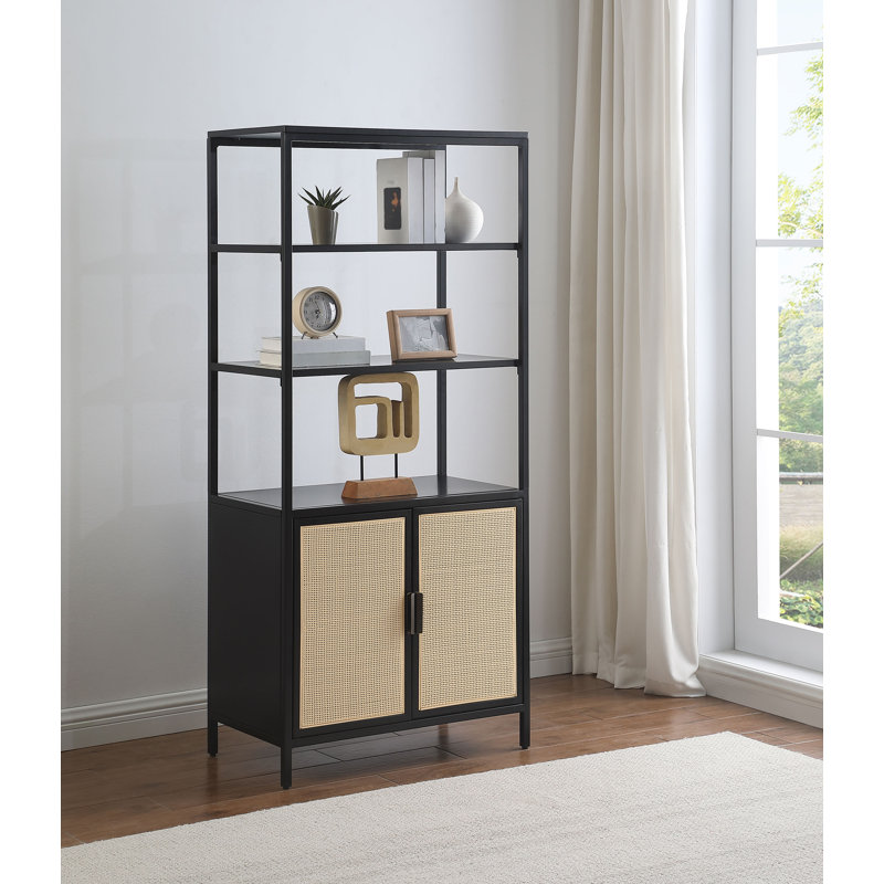 Benioff 3-Shelf Radio Weave Cane Metal Accent Cabinet, Black