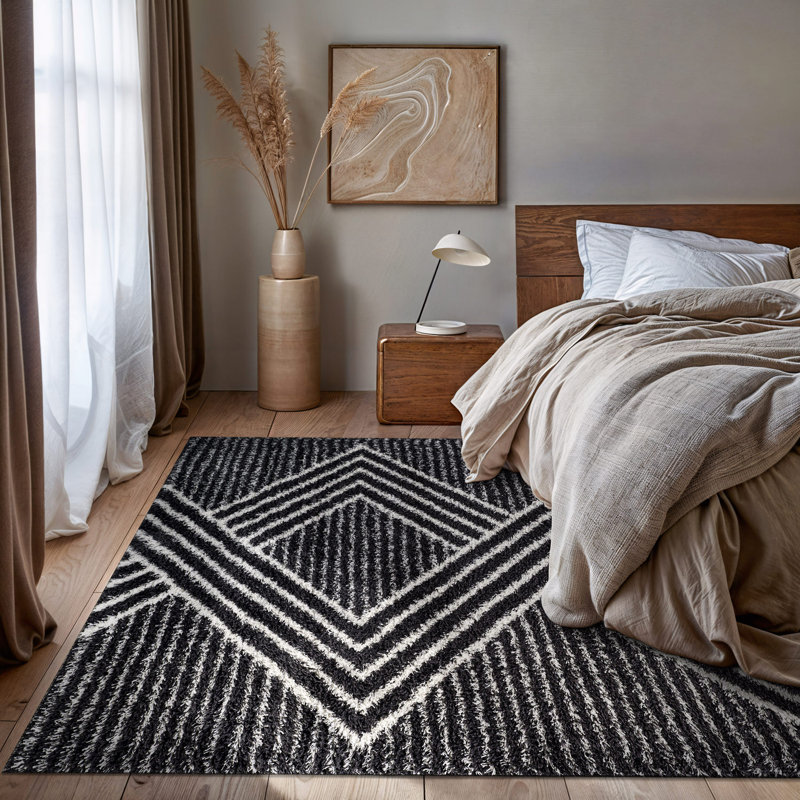 Abstract Geometric Pattern Shag Rug – Anthracite Dark Gray – Medium Pile, Durable & Stylish, Rectangle 7'10" x 10'