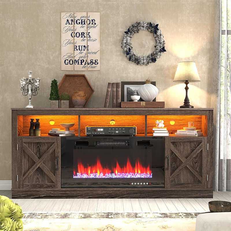 Crédence de rangement avec foyer Zev, Gris, 31.5" H x 68.9" W x 15.7" D