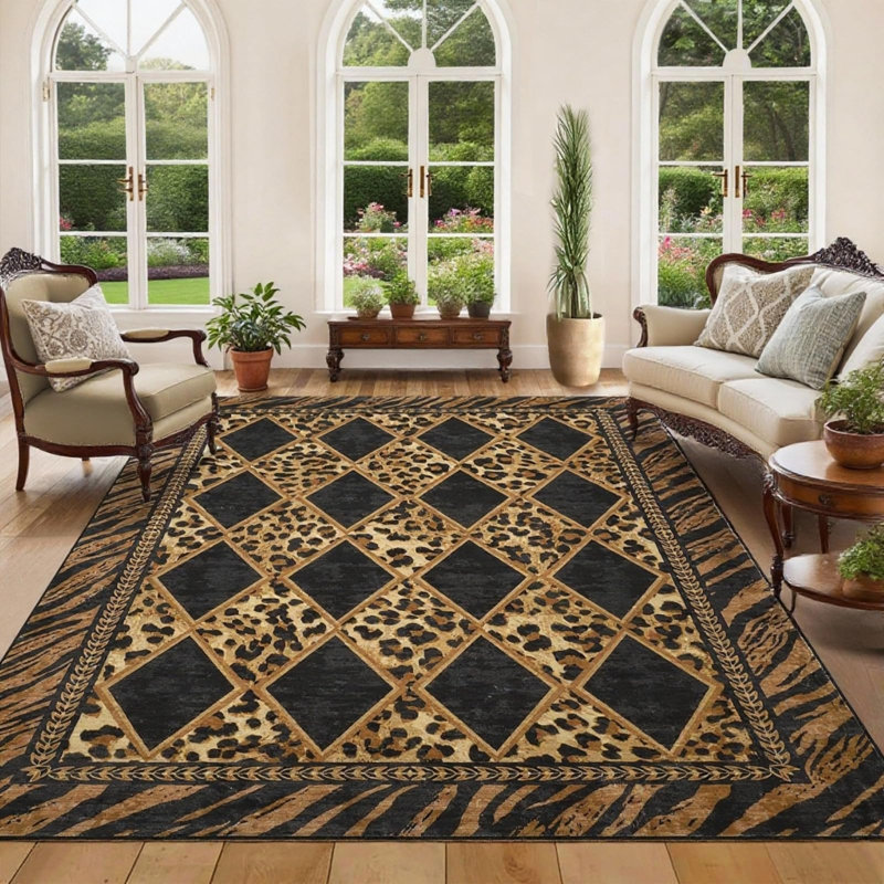 Tapis léopard pour salon 5 x 7 lavables pour chambre à coucher antidérapants brun / noir, Brun / Noir, Rectangle 5 pi x 7 pi