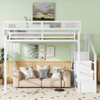 Queen Size Loft Bed with Stairs, Metal Queen Loft Bed with Storage Shelves, High Loft Bed with Wardrobe for Kids Teens, White(Expect Arrival Date 2025 by Ivy Bronx