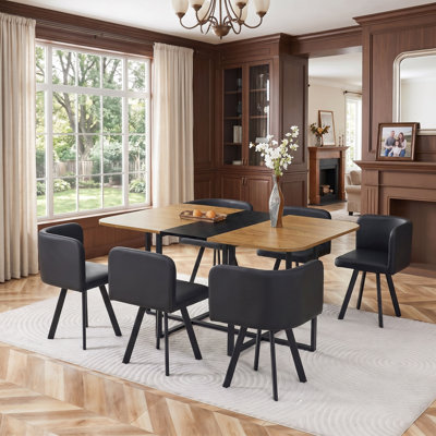 7 Piece Rectangular Dining Table Set with 6 PU Leather Chairs for Small Spaces