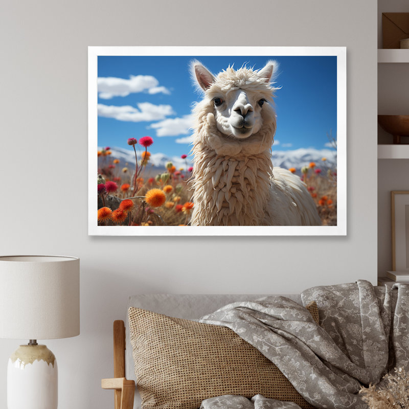 Beige noir lama dans un champ de fleurs, reproduction de photo sur toile, H 16 po x l 32 po x P 1 po, Cadre simple blanc
