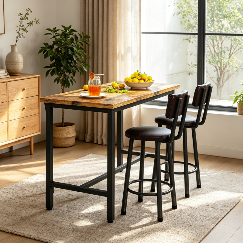 3 Piece Bar Table Set Of 2, 47" Rectangle Pub Bar Table With 2 PU Leather Upholstered Backrest Stools, Small Space Kitchen Dining Table Set For Kitchen, Living Room, Apartment