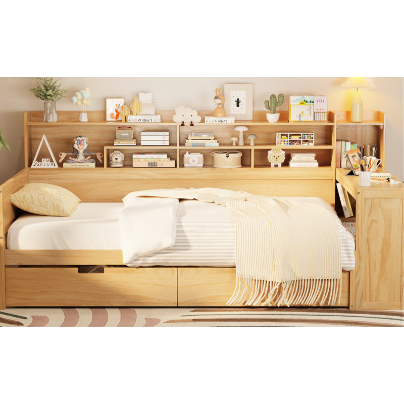 Lit de jour en bois avec rangement et bureau pour matelas simple - qualité construction naturelle, Naturel