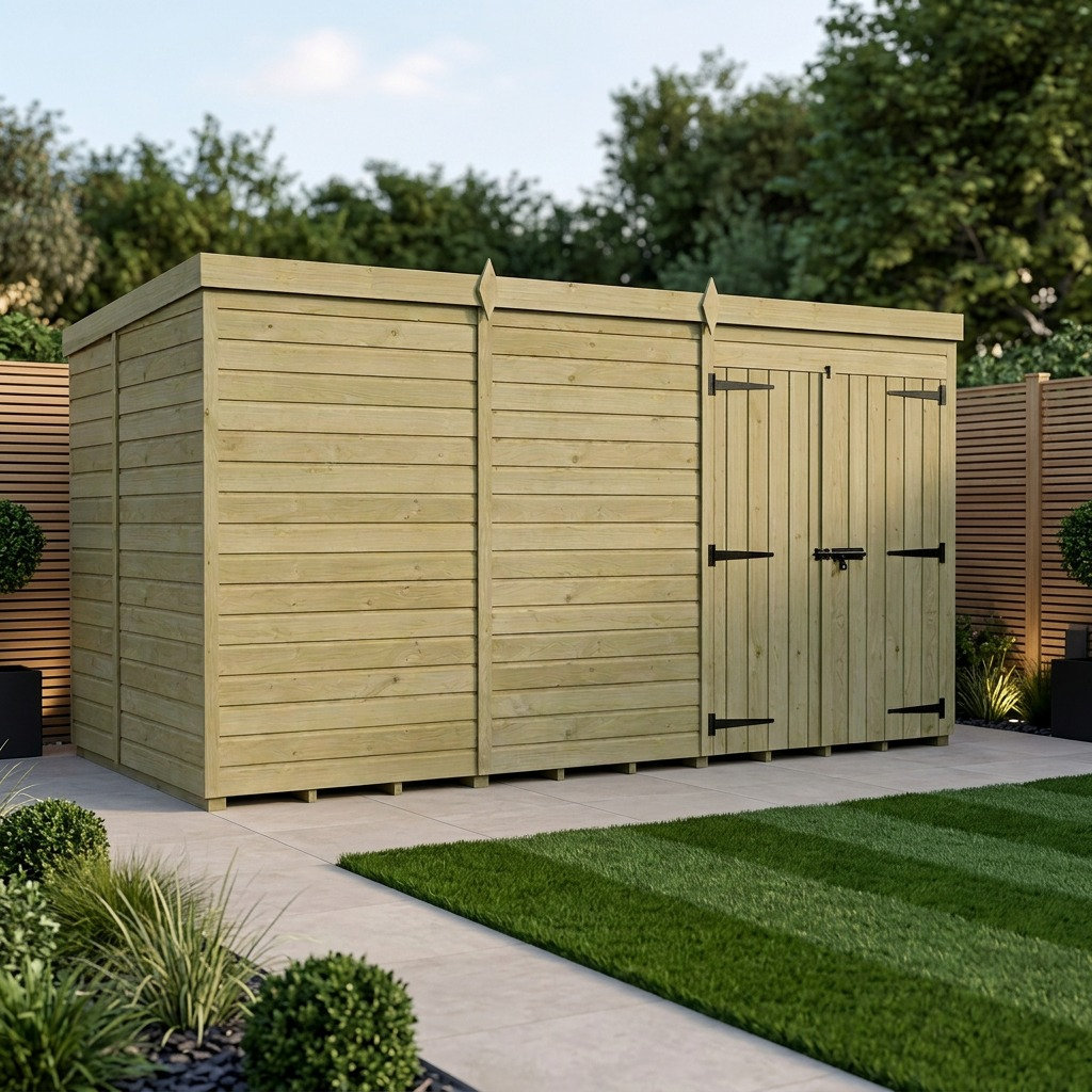 Total Sheds 16ft x 8ft Pent Garden Shed - Double Door - No Windows - Pressure Treated Timber - UK Manufactured