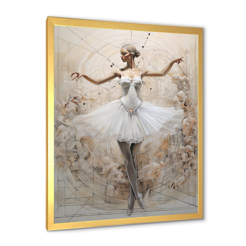 Dessin schématique blanc d'une ballerine sur toile, H 20 po x l 12 po x P 1 po, Encadrement doré