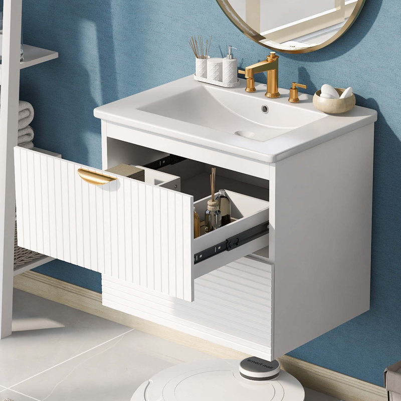 Meuble-lavabo mural moderne à 2 tiroirs, Blanc