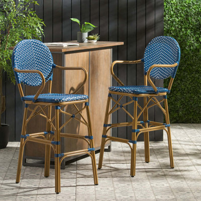 Tabourets de bar style français en osier avec structure en aluminium - ensemble de 2, imprimé bambou bleu marine