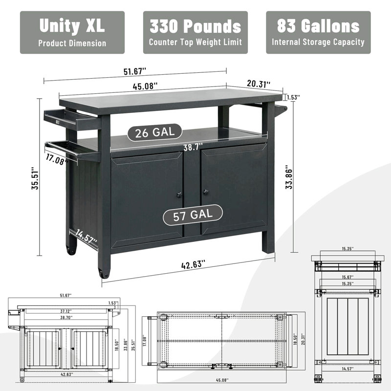 Grill Carts Outdoor Storage Cabinet With Wheels, Metal Outdoor Grill Table Kitchen Dining Table Cooking Prep BBQ Table For Patio, Kitchen Island, Home Party, Bar