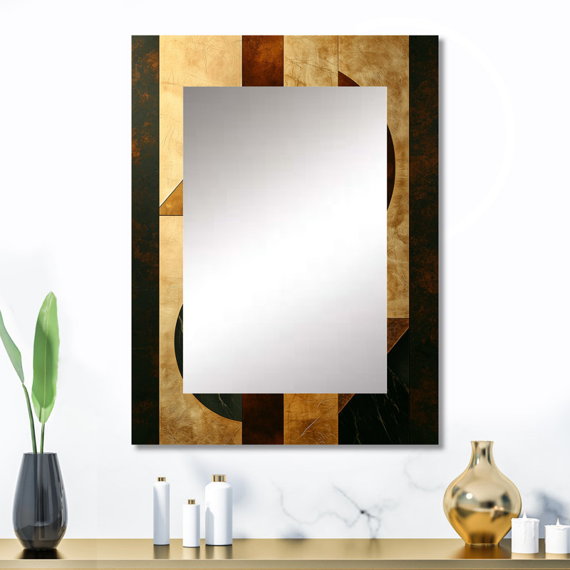 Geometric Walnut Essential Forms IV - Modern Decorative Wall Mirror, Gold Mirror, Printed Metal Art, 32" x 24"