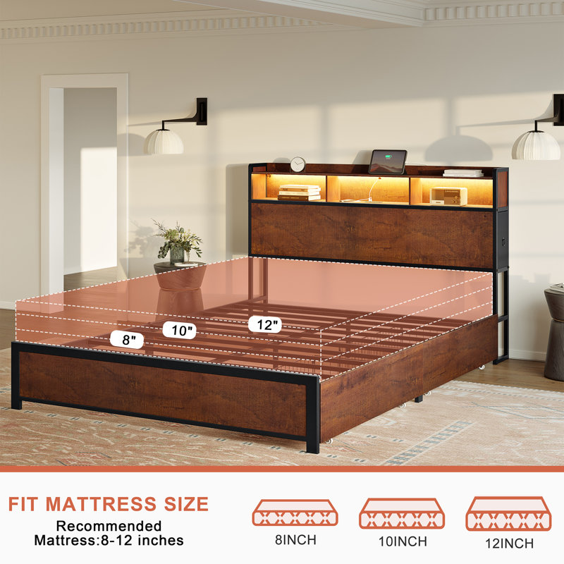  Antioch Full Bed Frame with 2 Underbed Drawers, Modern Platform Bed with Charging Station & LED Light, Storage Headboard with 2 Bedside Drawers & Open Bookcase Shelves, Walnut Brown