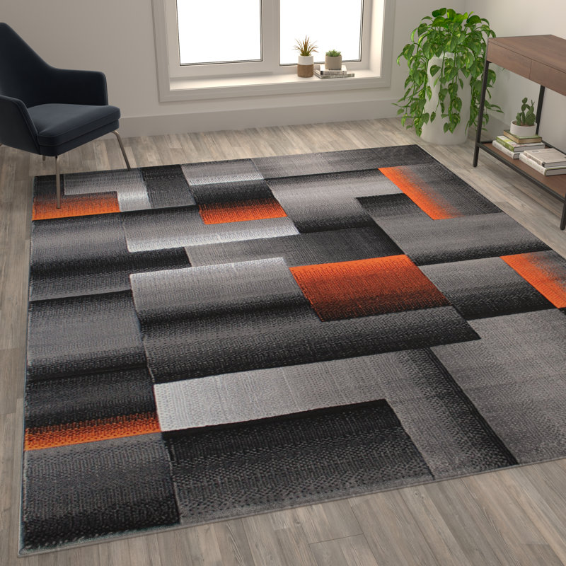 Abbie-May Orange and Gray Modern Geometric Style Color Blocked Indoor Area Rug, Rectangle 2' x 3'
