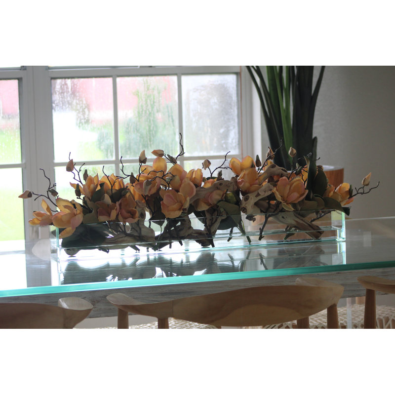 Glass Plate Magnolia Floral Arrangement And Centerpiece In Planter, 10" H x 24" W x 7" D, Peach