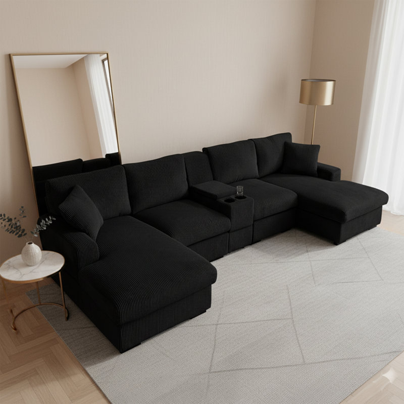 U Shaped Cloud Couch Sectional Sofa, Black Corduroy