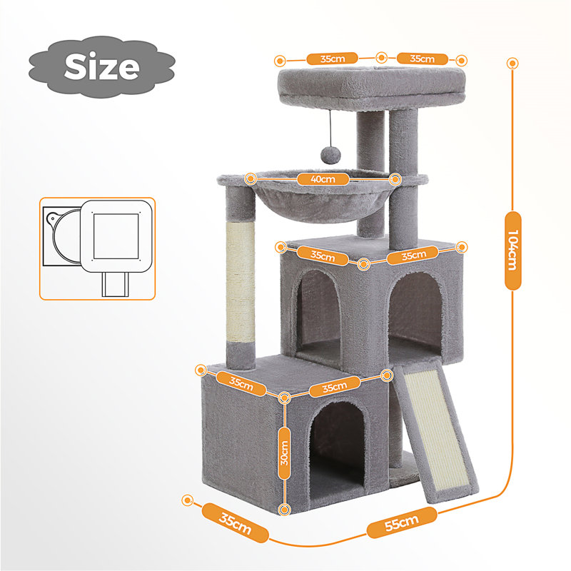 Grand arbre à chat, tour à chat à plusieurs niveaux de 41 pouces avec 2 condos spacieux pour chats d'intérieur, grande maison pour chat avec hamac confortable, perchoir rembourré, patin à griffes et boules remplaçables