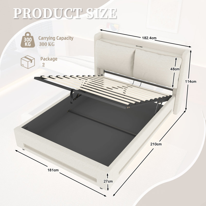 Upholstered Ottoman Storage Bed, Grey, Super King (6')