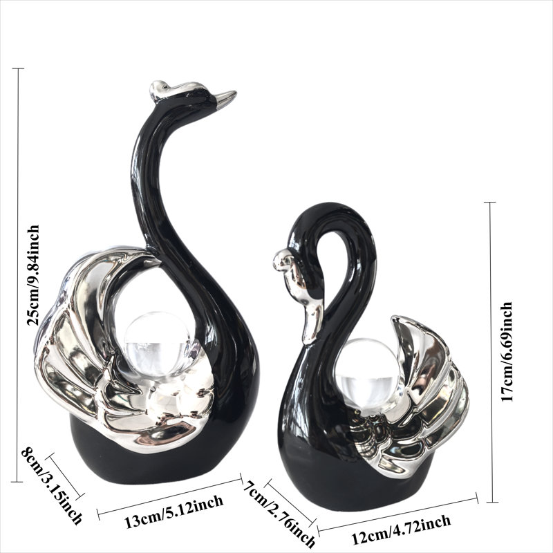 2 Pieces Swan Statues Sculpture Souvenir Gift Ceramic Statue Decoration Decoration, Black