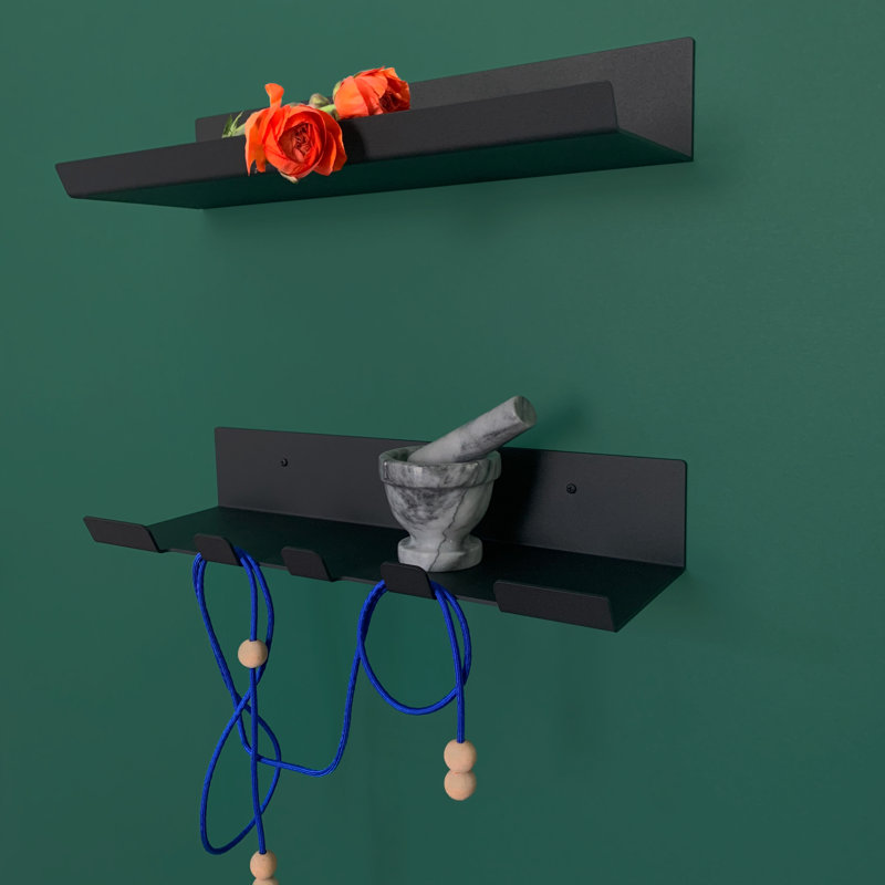 Metal Floating Shelf With Hooks, 3" H x 16" W x 5.37" D, Black - Matte Fine Textured