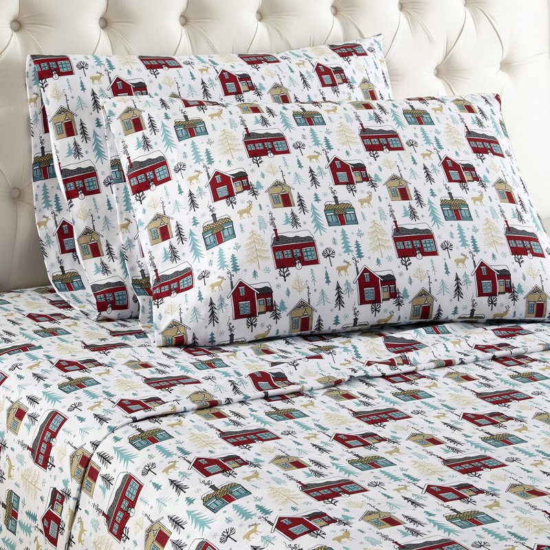 King Blue Cotton Polyester Flannel Cabin Print Sheet Set