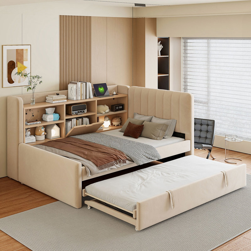 Lit de jour simple rembourré avec couchette, Beige