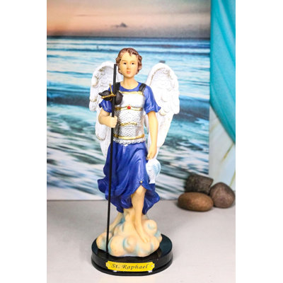 Archangel Saint-Raphaël tenant un bâton et une statue de poisson avec une base nominative H 8 po