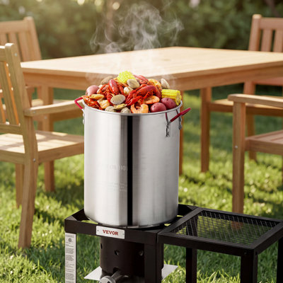 30 QT Turkey Fryer Set and Seafood Boiler Aluminum Deep Frying Pot, Outdoor Cooker for Crawfish, Crab, Lobster, Complete Cooking Kit with Basket, Side Table, Stand, 54,000 BTU Propane Burner