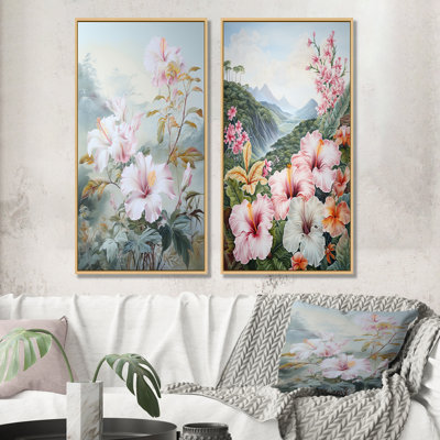 Hibiscus blanc sur la colline du Japon - ensemble de 2 décorations murales florales