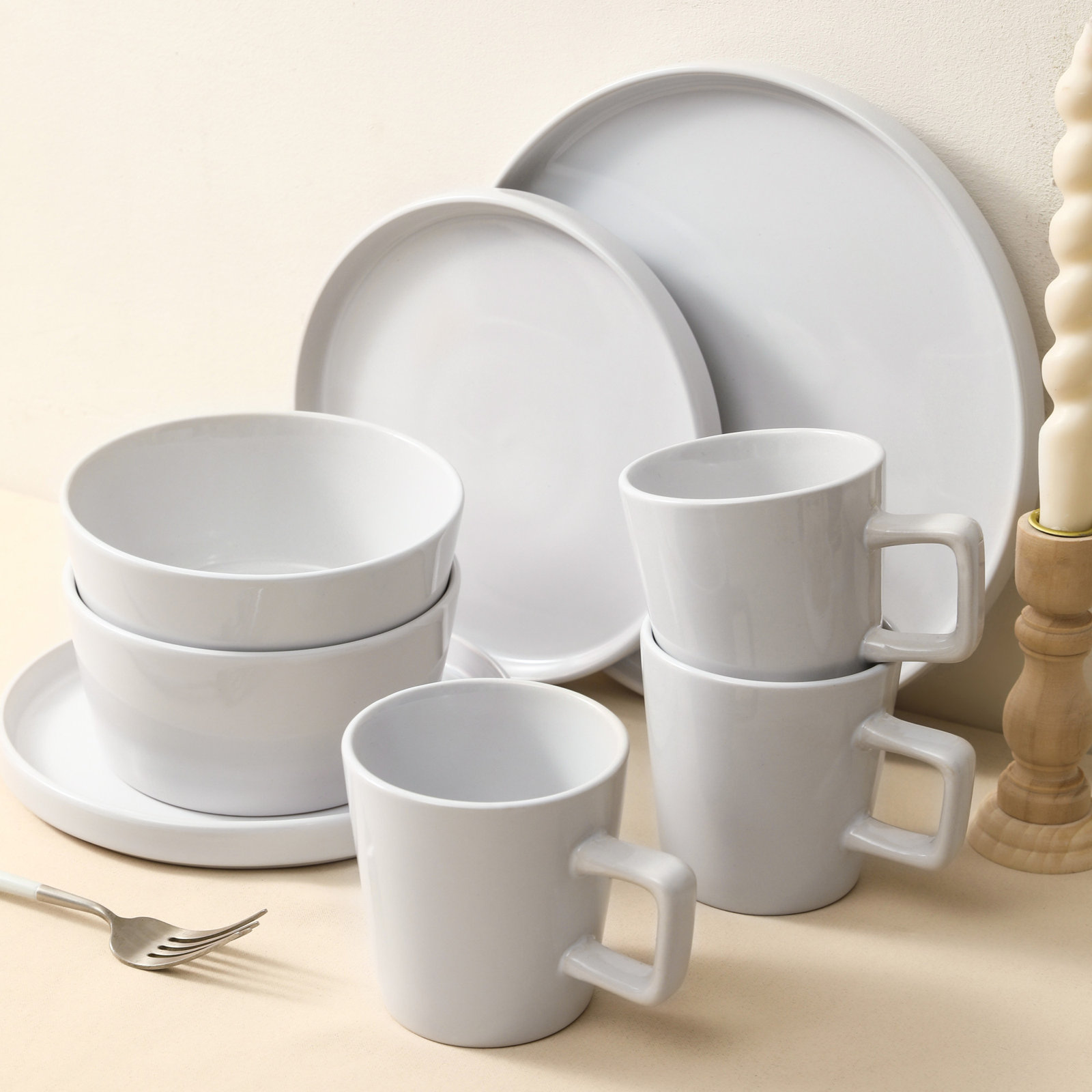 Celina Stoneware Dinnerware Set, Glossy White, 16