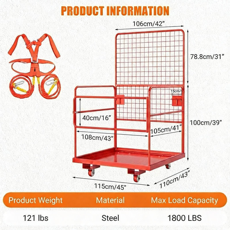 Panier de sécurité pour chariot élévateur, capacité de 1800 lb, pliable 43 po x 45 po, rouge
