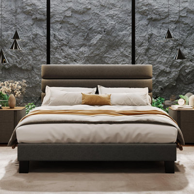 Jojoka Queen Bed Frame with Adjustable Linen Headboard, Upholstered Platform Bed with Wooden Slats, No Box Spring Needed, for Bedroom, Gray