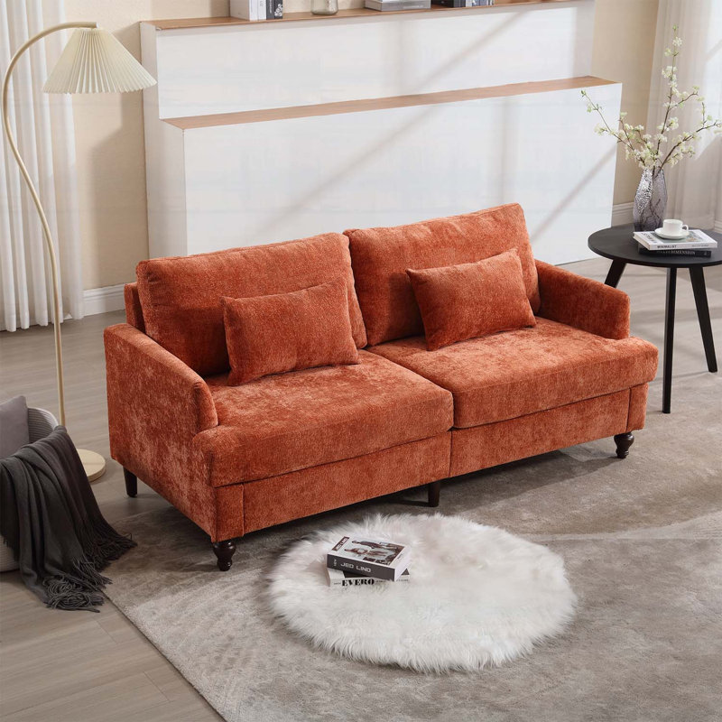 Canapé en chenille de style Mid-Century moderne en tissu avec coussins épais et pieds en bois brun, parfait pour le salon ou la chambre à coucher