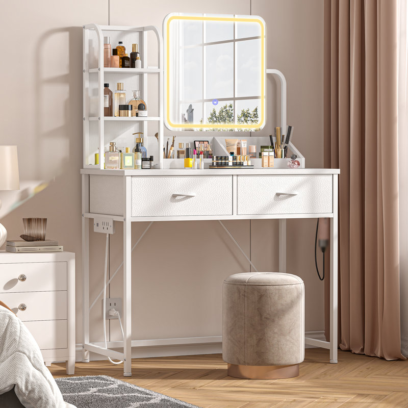 Vanity Desk With Mirror And Lights Makeup Vanity Table With 2 Fabric Drawers & Charge Station & Hair Dryer Rack Dressing Table For Bedroom