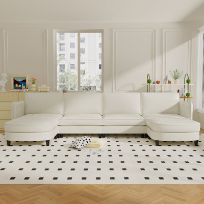 141.5''  Large Size 6 Seater Sofa Couch, U-Shaped Sofas With Movable Ottoman, Arm With Pockets,Modern Fabric Couches For Living Room, Apartment, Office