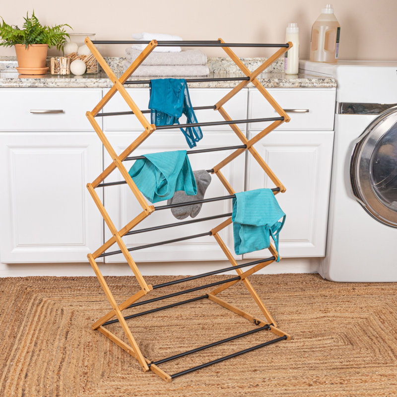 Bamboo and Black Adjustable Folding Clothes Drying Rack