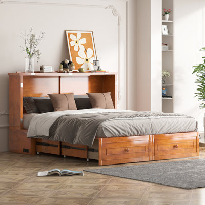 Newly upgraded Murphy Bed Cabinet with USB Charging Station & Drawers – Queen Size Cabinet Bed with Tri-Folding Mattress for Apartments and Living Rooms