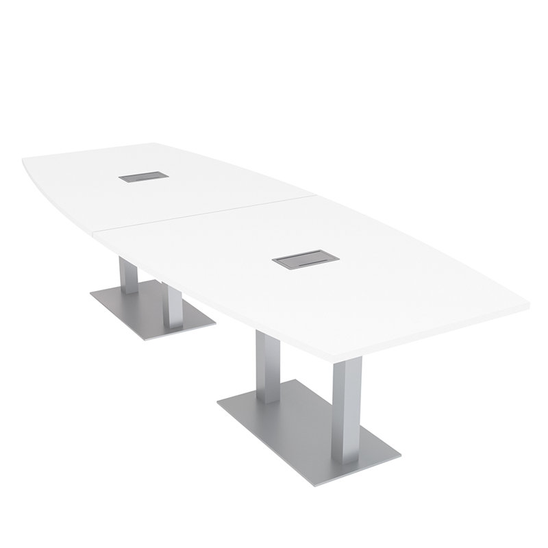 Boat Shaped Conference Table with Double Metal Post Base | Electrical Unit, 144" L x 48" W, Classic White, Silver