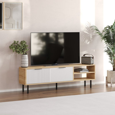 Modern TV Stand with Wall-Mounting Option, Sapphire Oak & White, 59.1 x 17.7 x 11.8 inches | 100% Melamine Coated Particle Board, Thickness: 0.7 inches | Multiple Shelves for Organized Storage, Trendy Scandinavian Design