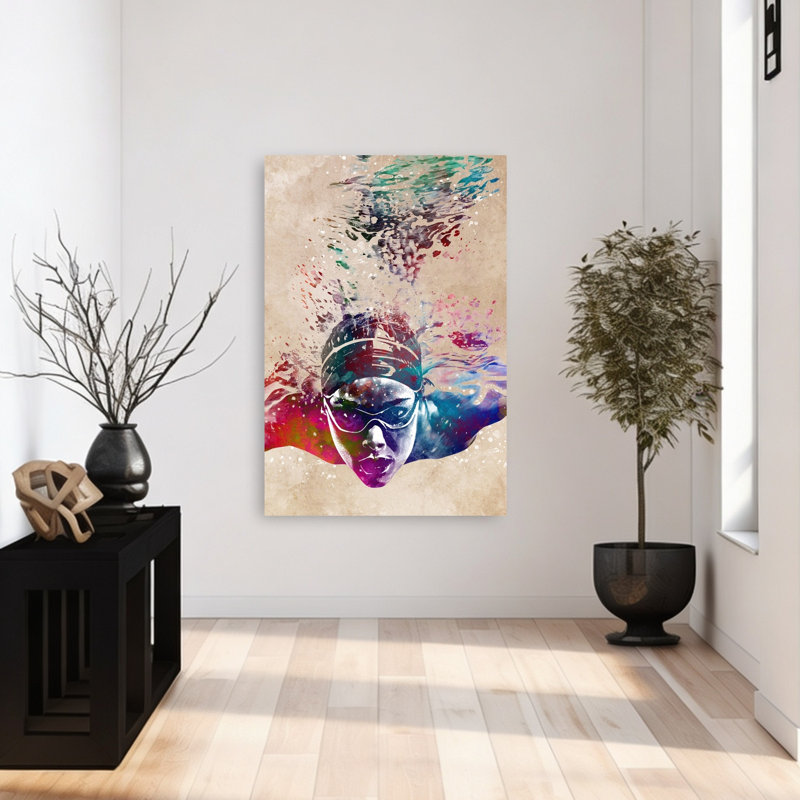 «Vibrant Underwater Swimmer», art mural contemporain, H 48 po x l 32 po