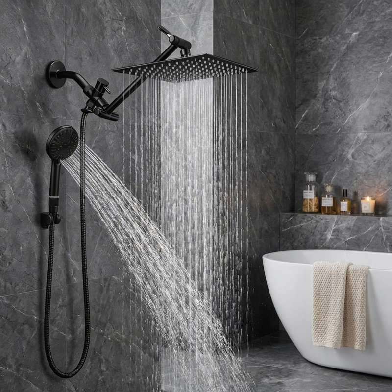 Tête de douche à pluie noire 10 po avec bras d'extension réglable et douchette à main