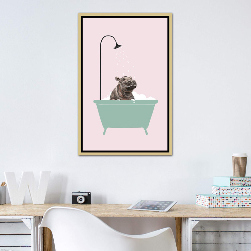 Hippopotame dans une baignoire, art encadré, H 40 po x l 26 po x P 1,5 po, Toile encadrée d'or