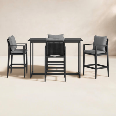 Trosclair 5 Piece Patio Bar Set in Aluminum with Grey Cushions