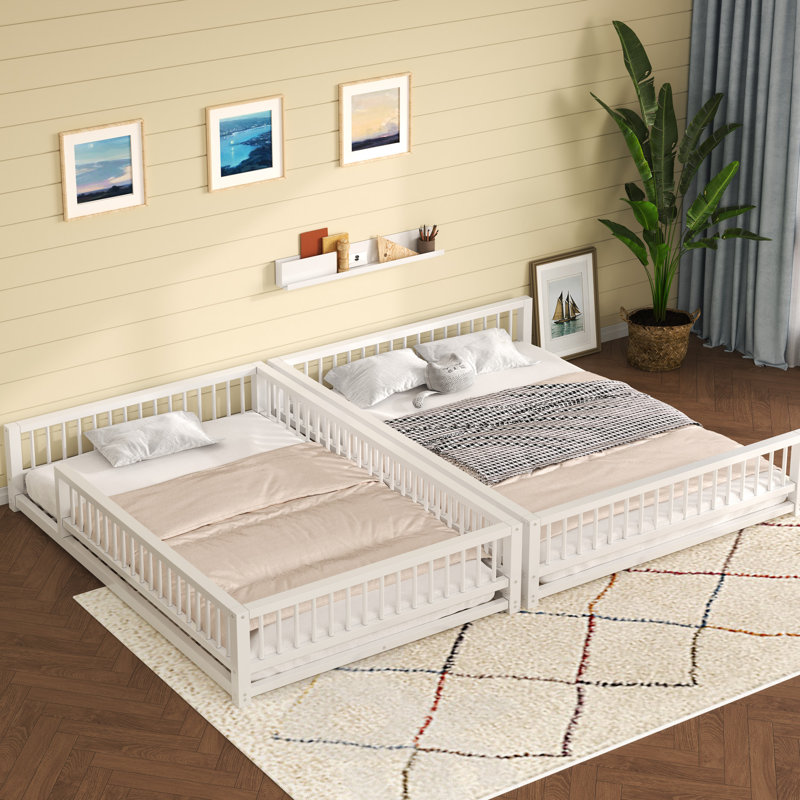 White Full Xl Over Queen Bunk Bed, Easy To Assemble, Metal Slats For Support, Space - Saving Bed With And Guardrails, Heavy Duty, Finish