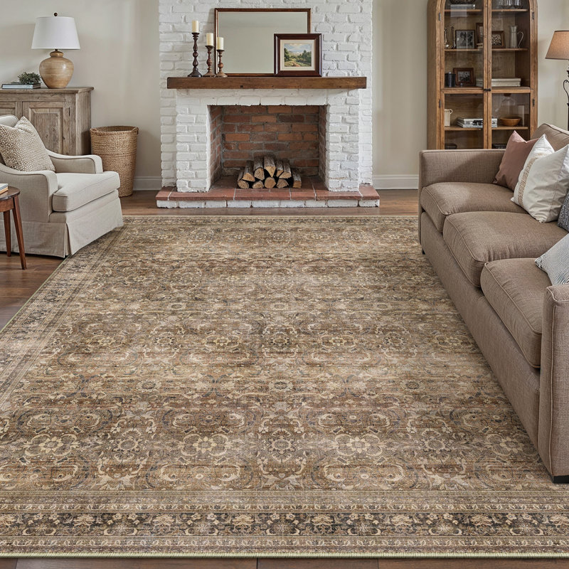 Machine Washable Vintage Floral Area Rug With Non-Slip Rubber Backing, Rectangle 9' x 12'